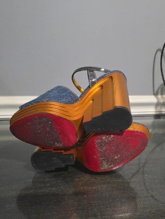 Auth Christian Louboutin Mira Colunata 120 Denim Gold Deco Platform Heel 38½ 8.5 - Picture 4 of 4